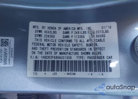 2017 Honda Accord Ex-L V6 из США, поврежденный, VIN 1HGCR3F89HA001558